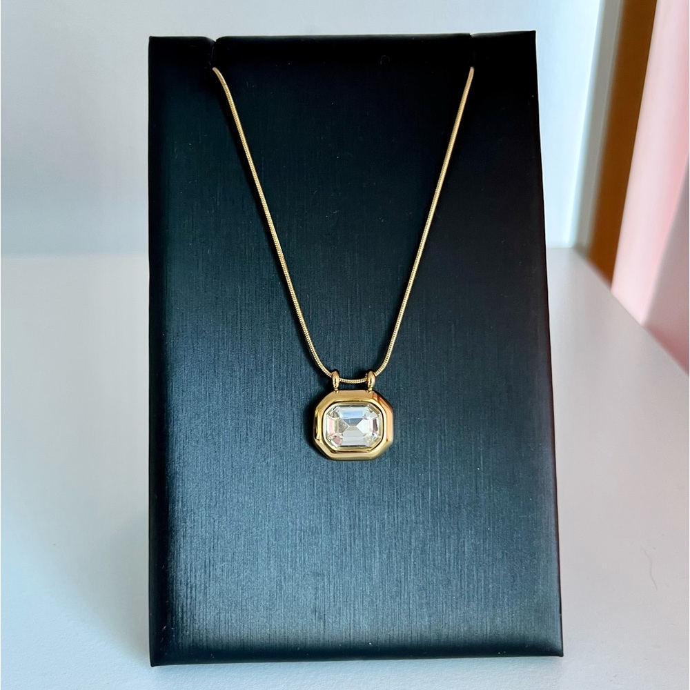18K Gold Plated Stainless Steel Square White AAA CZ Crystal Pendant Necklace